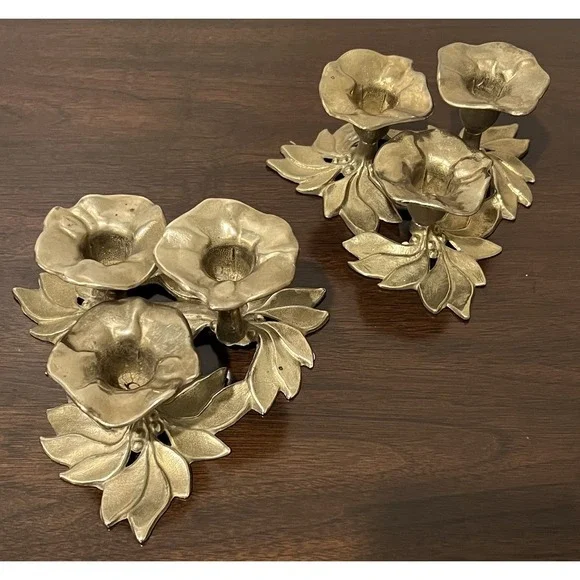 PAIR Brass Flower Candelabra Hollywood Regency Floral Candle Holders Mid Century